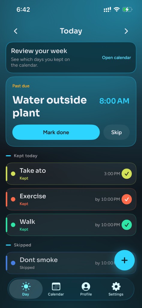 The real d·ally Day screen, showing colorful daily tasks